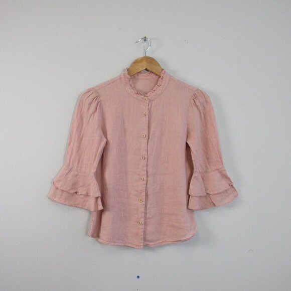 Reformation Women's 100% Linen Blouse XS Pink Ruffle Bloom Button Preppy 138 - Picture 1 of 10